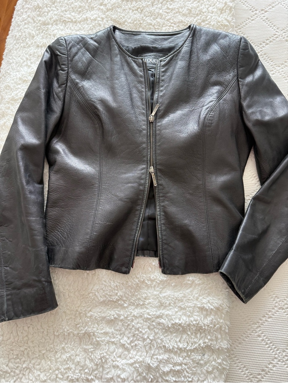 Women's Black Leather Collarless Zip Jacket